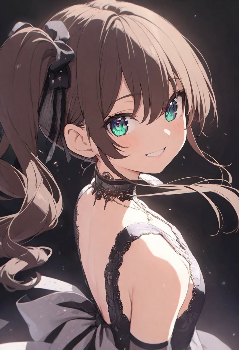 (muste piece), (best quality), very detailed eyes, expressive eyes, perfect face, very detailed face, highly detailed face, beautiful girl, 8K, beautiful girl, white background, delicate and beautiful face and eyes, dark intense shadow, 
1 girl, vtuber style, cool girl, hololive, Natsuiro Matsuri, brown hair, one side up Ponytail, see-through:evening dress, small chest, cropped shoulders, clavicle from behind, looking back, smile, (whole body), standing,