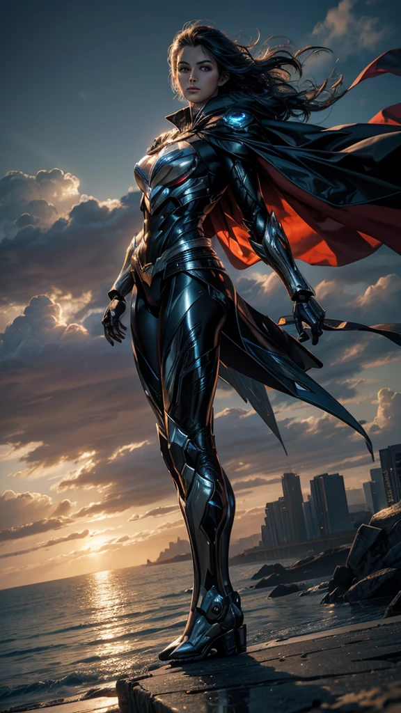 Masterpiece, best quality, NVIDIA RTX, sharp picture, cinematic lightning, hi-tech futuristic Superman, Superman symbol, floating, perfect face, proportional body, luminous mecha-armor:1.3, glowing mecha armor:1.3, (cape blown by strong winds:1.3), on top of a bulding, full body, epic lights reflection, night, smokes, from above