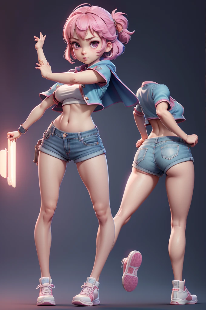 Mini Sakura, (sakura), solo, ray tracing, 3D style, 3DMM, ((3 poses per photo)), ((3 poses in each photo)), fully body,(Front view),(back vision), (view on the left),very short denim shorts at the waist, show flat belly, (((3 poses per photo))),(very big tits), perfect tummy, Perfect and symmetrical eyes, (perfect hands), over all view, cape covering the body