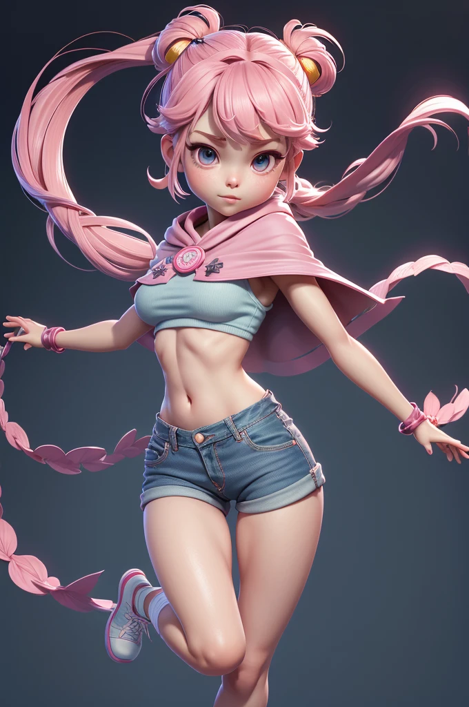 Mini Sakura, (sakura),  solo, ray tracing, 3D style, 3DMM, ((3 poses per photo)), ((3 poses in each photo)), fully body,(Front view),(back vision), (view on the left),very short denim shorts at the waist, show flat belly, (((3 poses per photo))),(very big tits), perfect tummy, Perfect and symmetrical eyes, (perfect hands), over all view, cape covering the body