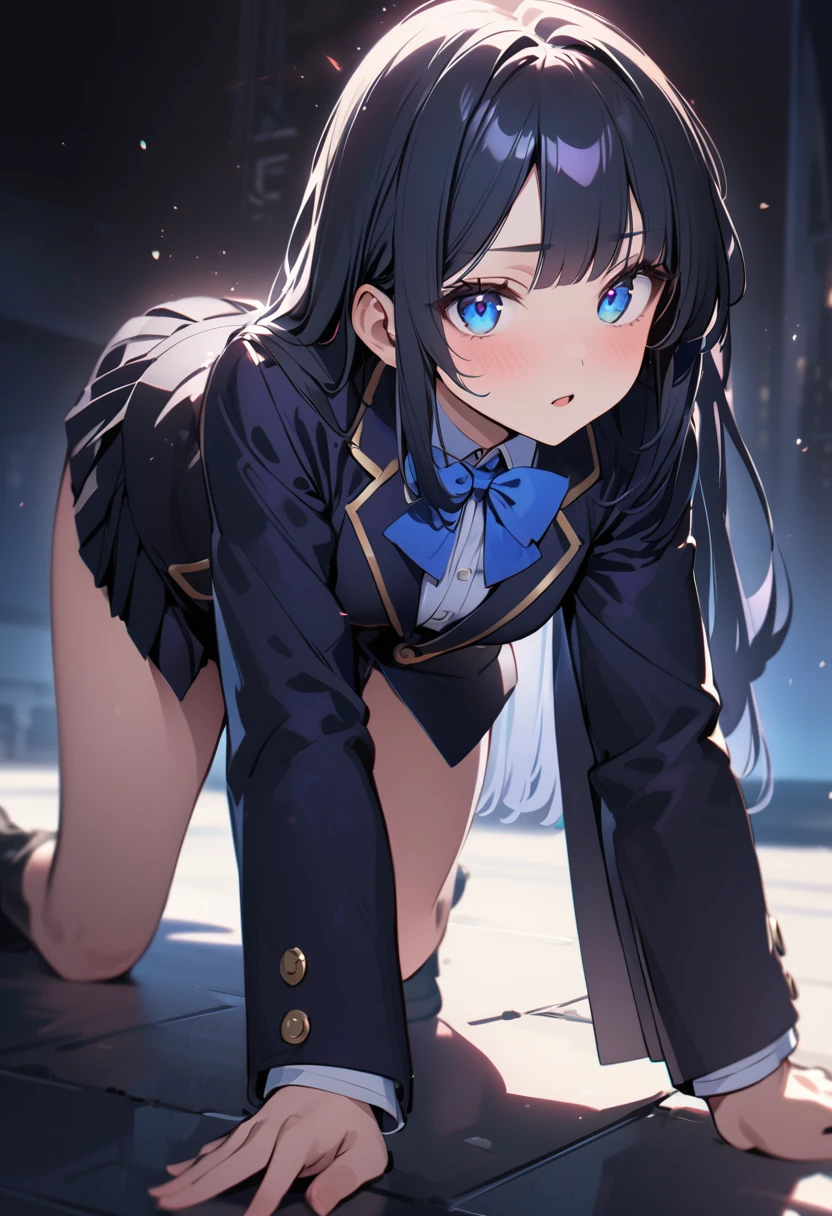 1 girl, long hair, black hair, straight hair, short bangs above brows, blue eyes, all fours,
BREAK (masterpiece), (high resolution 8K), cinematic lighting, professional lighting, detailed eyes and face, detailed body,
BREAK blazer, blue bowtie, pleated skirt, skirt lift,
BREAK from back, white panty,