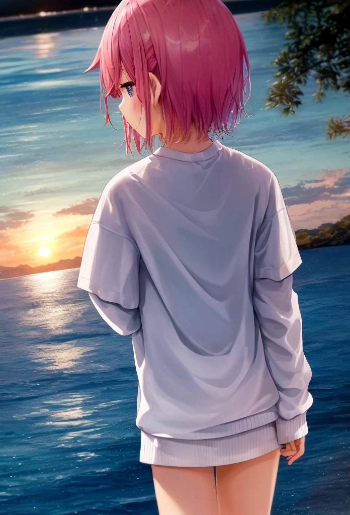 Sparkling water,Sunset sunlight on the water,Soft Light泛着橙色,The water surface is interwoven with blue and light red,一个年轻的男孩在水面swim的背影,White sweatshirt,Boy's back,swim,Soft Light