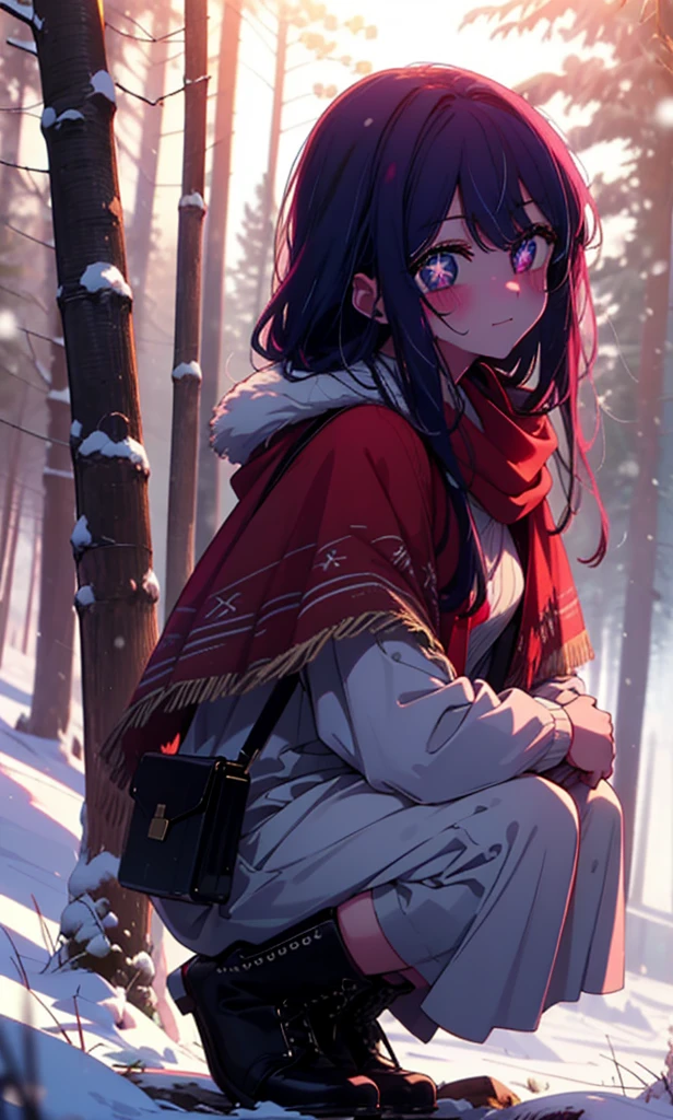 aihoshino, Ai Hoshino, Long Hair, bangs, (Purple eyes:1.1), Purple Hair, (Symbol-shaped pupil:1.5), smile,,smile,blush,White Breath,
Open your mouth,snow,Ground bonfire, Outdoor, boots, snowing, From the side, wood, suitcase, Cape, Blurred, , forest, White handbag, nature,  Squat, Mouth closed, Cape, winter, Written boundary depth, Black shoes, red Cape break looking at viewer, Upper Body, whole body, break Outdoor, forest, nature, break (masterpiece:1.2), Highest quality, High resolution, unity 8k wallpaper, (shape:0.8), (Beautiful and beautiful eyes:1.6), Highly detailed face, Perfect lighting, Extremely detailed CG, (Perfect hands, Perfect Anatomy),