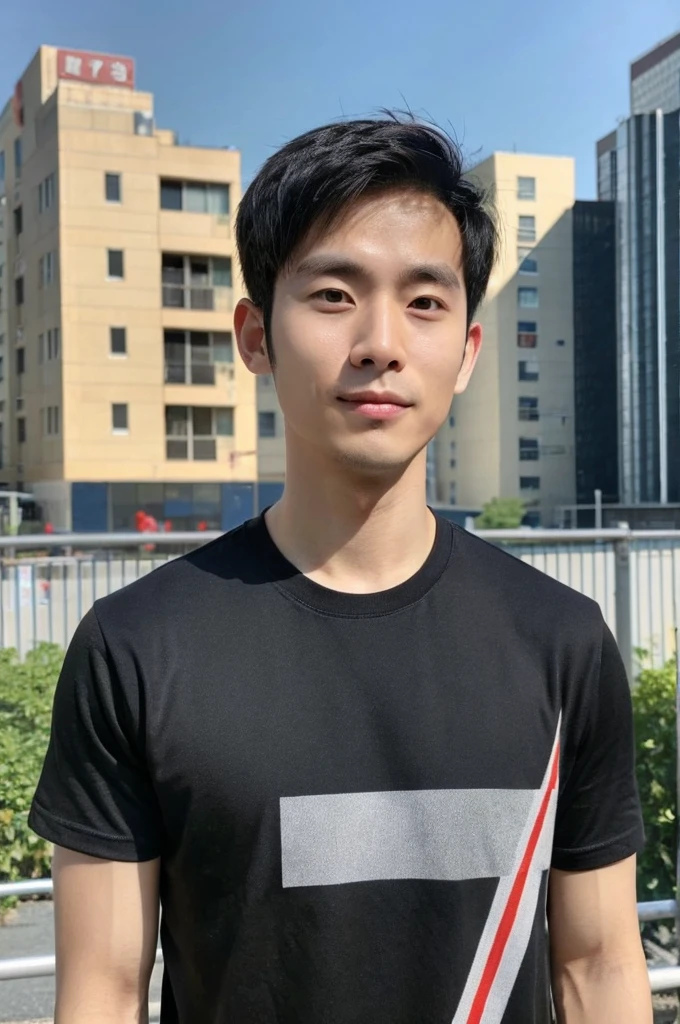 Korean man, Inspiration from Peng Yuyan, 30 years old, 236 years old, Cute Korean Face, 35 yo, 33 year old Korean muscular man，Gym in the background, black t-shirt