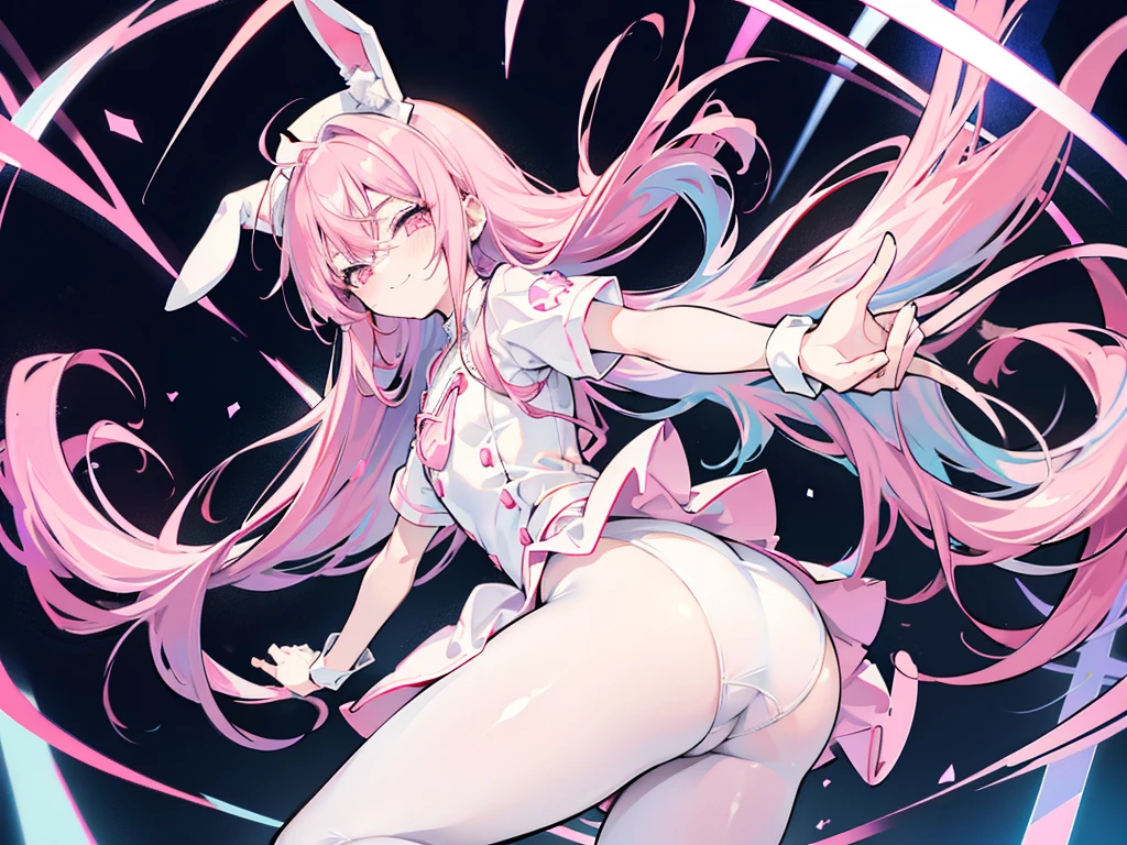 hyper ero anIme style,chibi character,bunny ears pink long hair angel shota,nurse cap,hospital,flat chest,from below behind,butt shot,white pantyhose with skirt,big butt,smirk,slouch,