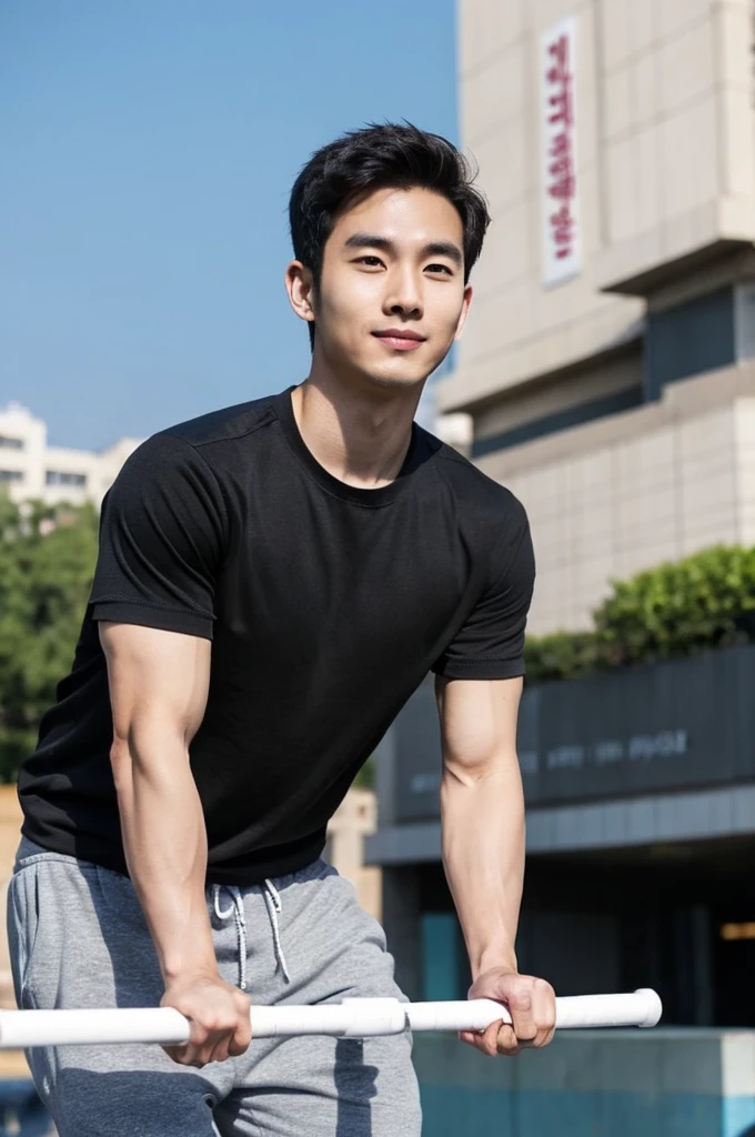 Korean man, Inspiration from Peng Yuyan, 30 years old, 236 years old, Cute Korean Face, 35 yo, 33 year old Korean muscular man，Gym in the background, black t-shirt