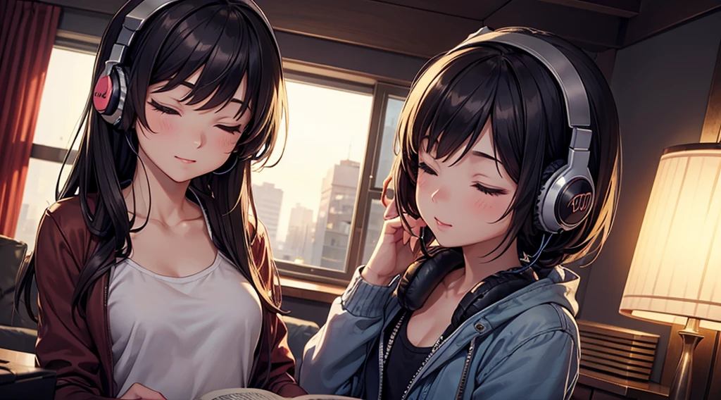 Girl with headphones enjoying music in a home I am studying Emphasize a little bit of the big chest Looking towards me with eyes closed Night Background
