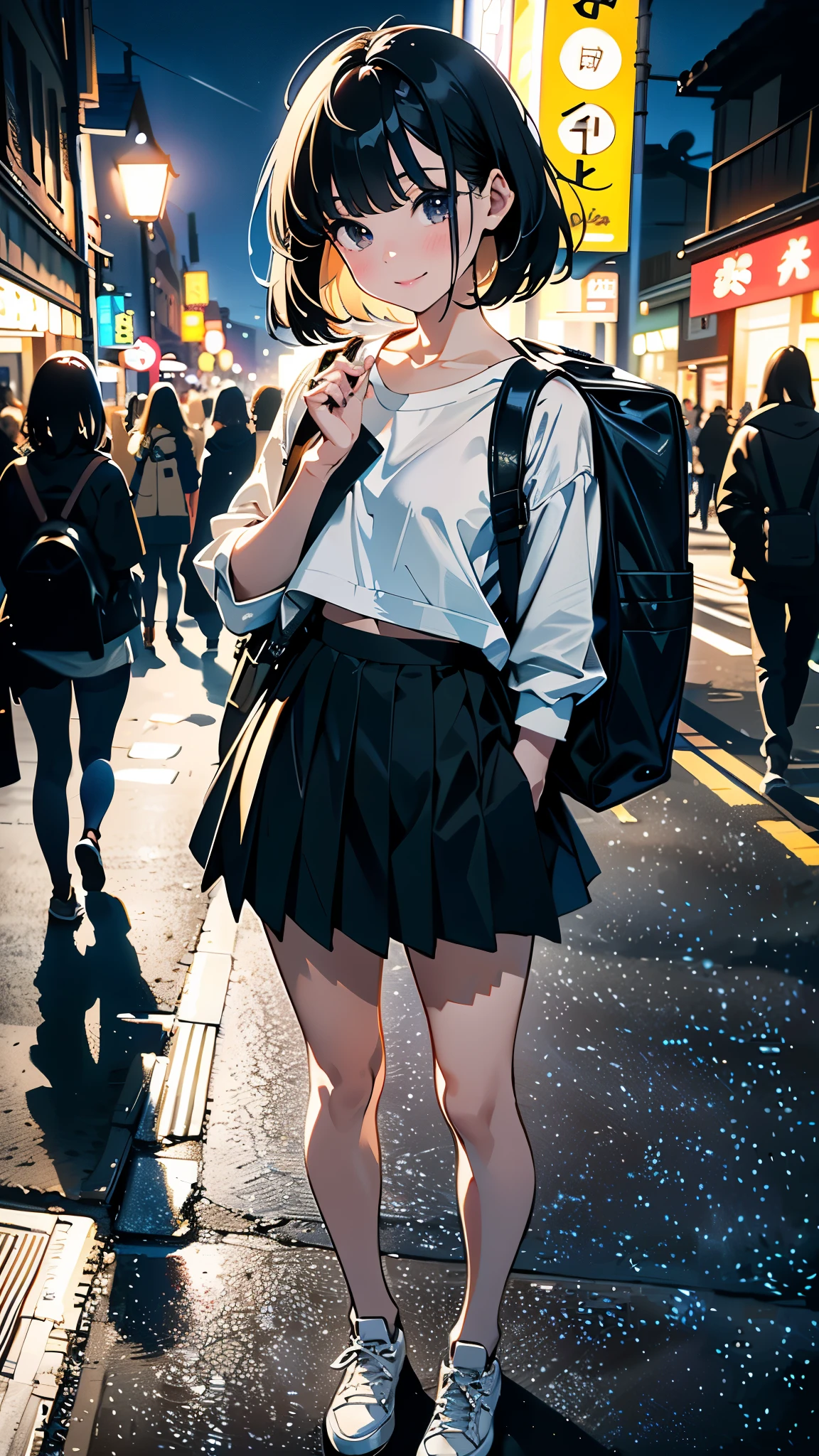(8K, RAW Photos, 最high quality, masterpiece:1.2), high qualityのRAWカラー写真, Professional photo shoot, Cinematic Light, alone, (((young woman, Gal))), (Sharp features), (Small face), (Skin with attention to detail:1.2), clavicle, Cute face, Beautiful appearance, Long eyelashes,Girl Turning Around, smile, (Black Hair, Bobcut、),  open white shirt、Belly button, Very short grey pleated mini skirt, Black sneakers, Backpack,  Night Park, Confident attitude, Capture the happy moment, Artistic painting,Attractive thighs, (Very nice touch:1.2),はにかんだsmile), Peaceful atmosphere, Oil painting style, Bright colors, (Are standing:1.5, Townscape at night, Full body portrait), Smooth texture, Gazing Eyes, Beautiful Skin, Shiny skin, ((Perfect Fingers, Five Fingers, Anatomically correct)), Background Blur, high quality, Surreal, ((Very detailed, photo shoot)),Many people々、blush、plump、White skin、A bag with lots of stuffed toys、((Selfie))、Beautiful eyes、Close up on face