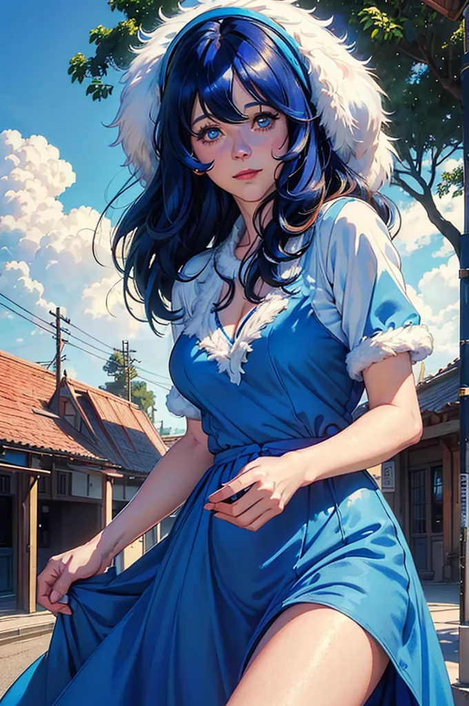 (((Masterpiece ,Best Quality, Highest quality realistic retro anime...))),(((like Lyon minmay realistic ))), blue dress, top wo nerae!, 1 girl, alone, ((hyper realistic long blue fur)), looking at the viewer, SMILE, Hits,White shirt ,((very detailed and realistic light blue eyes)), Closed mouth, (((Masterpiece ,Best Quality, Highest quality realistic retro anime...))),(((Style Zooey Deschanel))), blue dress, top wo nerae!, 1 girl, alone, ((hyper realistic long blue fur)), looking at the viewer, SMILE, Hits,highly detailed light blue eyes shirt, Closed mouth, blue fur, exterior, sky, day, cloud, tree, blue sky, lips, separate blows, eyelashes, make up, light SMILE, lipstick, portrait, close up, ((retro Best Quality, hyper realistic highest quality artStyleo)), 1980s ,fine blue hair with very real details))exterior, sky, day, cloud, tree, blue sky, lips, separate blows, eyelashes, make up, light SMILE, lipstick, portrait, close up, ((retro Best Quality, hyper realistic highest quality artStyleo)), 1980s (Style