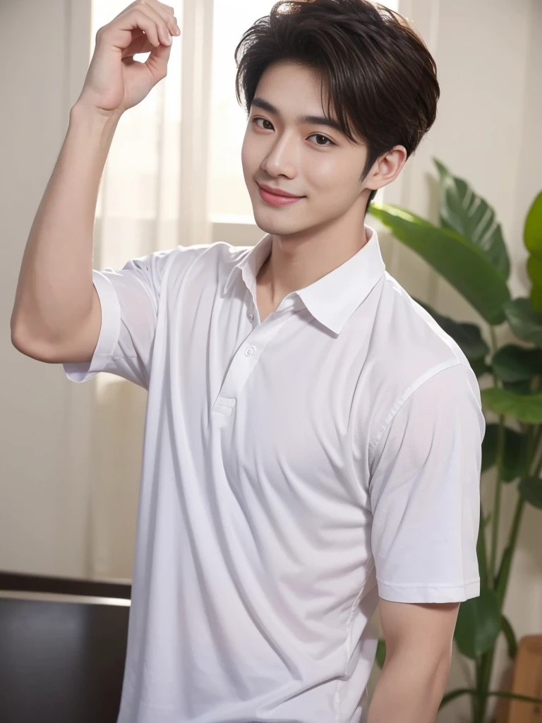 male handsome 20-year-old handsome shirt guy,looking to the camera,frontage,high qulity,tmasterpiece,8K.4K,1080P,Light-sensitive, ยิ้ม
