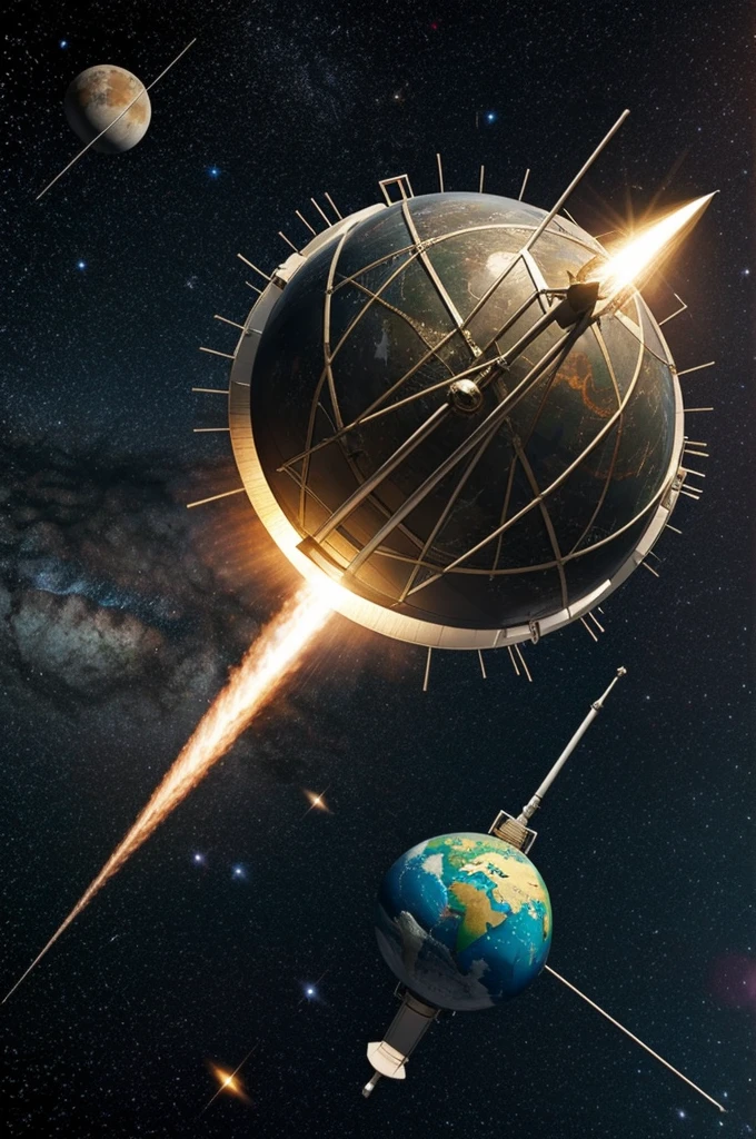 Make me a drawing of the Sputnik 1 satellite in orbit around the Earth on a background of stars