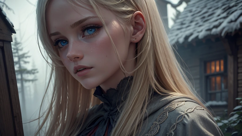 a young blonde woman, 18 years old, beautiful detailed eyes, beautiful detailed lips, extremely detailed face, long eyelashes, blonde hair, slutty red riding hood outfit, in panic, trying to flee, grandma's cottage, tentacle beast, tentacles inside cottage, (best quality,4k,8k,highres,masterpiece:1.2),ultra-detailed,(realistic,photorealistic,photo-realistic:1.37),horror,dark fantasy,dramatic lighting,moody atmosphere,vivid colors,rich texture