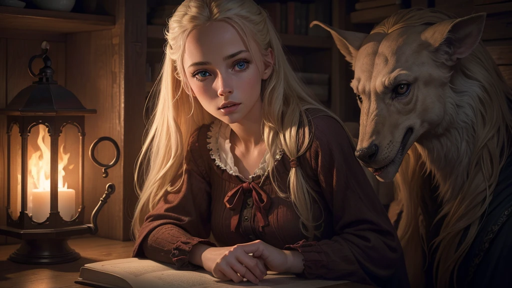 a young blonde woman, 18 years old, beautiful detailed eyes, beautiful detailed lips, extremely detailed face, long eyelashes, blonde hair, slutty red riding hood outfit, in panic, trying to flee, grandma's cottage, tentacle beast, tentacles inside cottage, (best quality,4k,8k,highres,masterpiece:1.2),ultra-detailed,(realistic,photorealistic,photo-realistic:1.37),horror,dark fantasy,dramatic lighting,moody atmosphere,vivid colors,rich texture