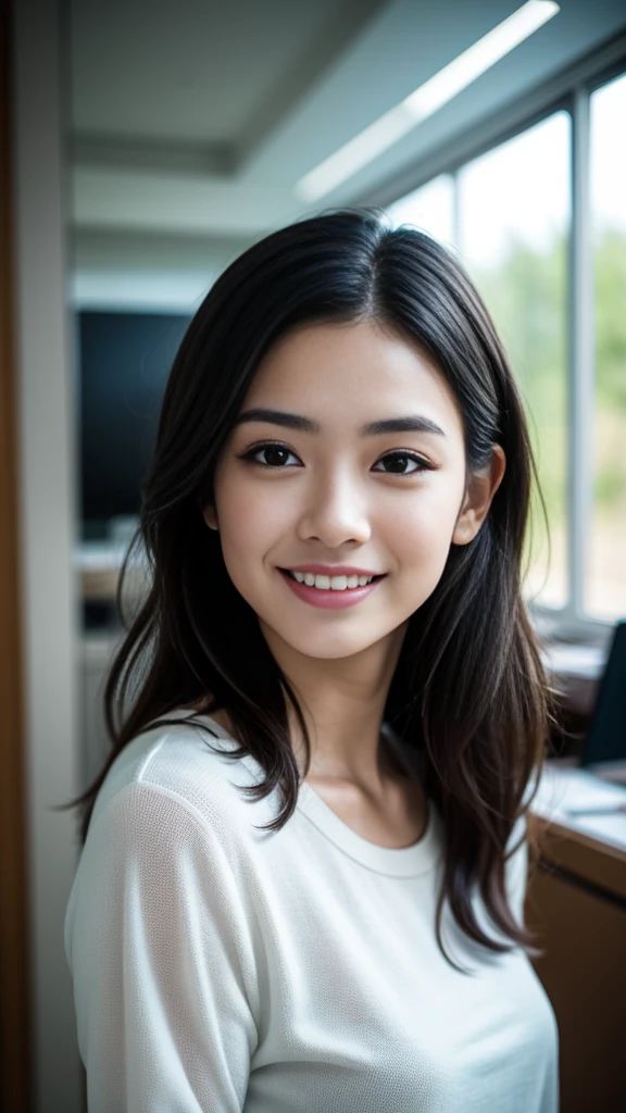  (8K, RAW photo, highest quality, masterpiece:1.3), (realistic, photo-realistic:1.4), (Highly detailed 8K wallpaper), sharp focus, Depth of written boundary,
 japanese idol,very cute,(baby face),sweater, Look at us and smile, Upper body, highly detailed face and eyes,((shiny skin:1.2)), cinematic lighting, soft light, blur background, Bokeh,(Office, modern, stylish, glass walls, open space:1.2),cowboy shot
