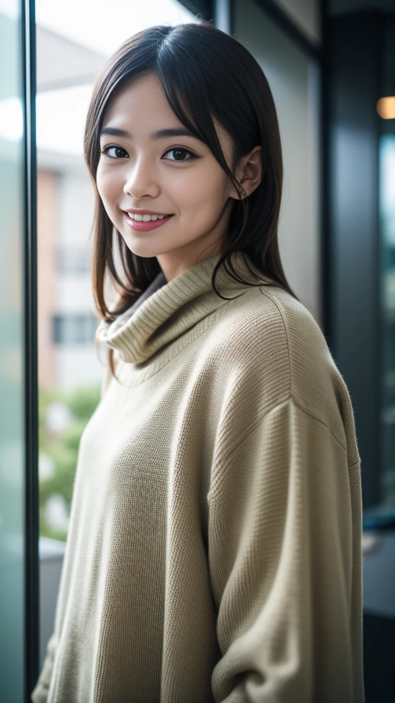  (8K, RAW photo, highest quality, masterpiece:1.3), (realistic, photo-realistic:1.4), (Highly detailed 8K wallpaper), sharp focus, Depth of written boundary,
 japanese idol,very cute,(baby face),sweater, Look at us and smile, Upper body, highly detailed face and eyes,((shiny skin:1.2)), cinematic lighting, soft light, blur background, Bokeh,(Office, modern, stylish, glass walls, open space:1.2),cowboy shot