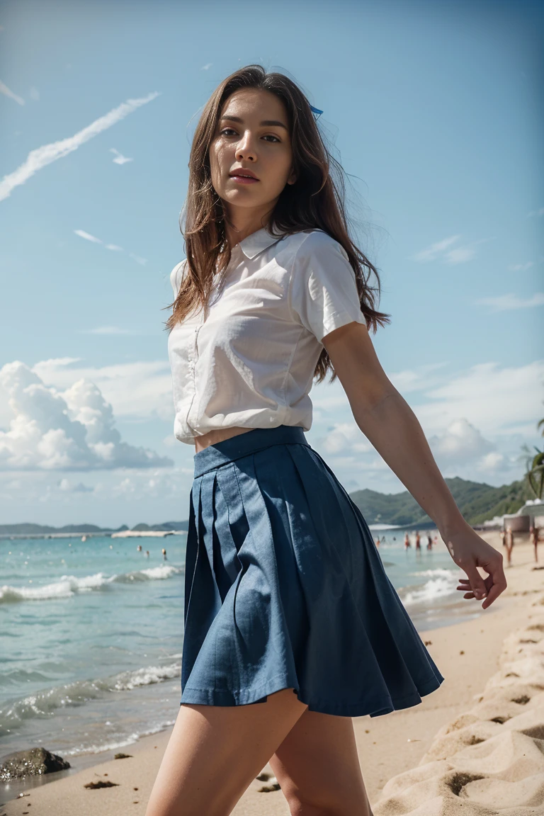 (Extremely detailed CG:1.2), (Masterpiece:1.2), (The best quality:1.2),,((absurdities)),looking at the viewer,whole body, ,(1girl),only,(long hair),,(white short sleeve shirt),(MARINA_blue pleated skirt),(long skirt),Dynamic Angle,Standing,dynamic  pose,((Delicate facial features)),(blue eyes)The portrait is in romantic lighting, with a full-body view and her face in focus looking at the viewer. She is dressed appropriately for the environment set in a beach.