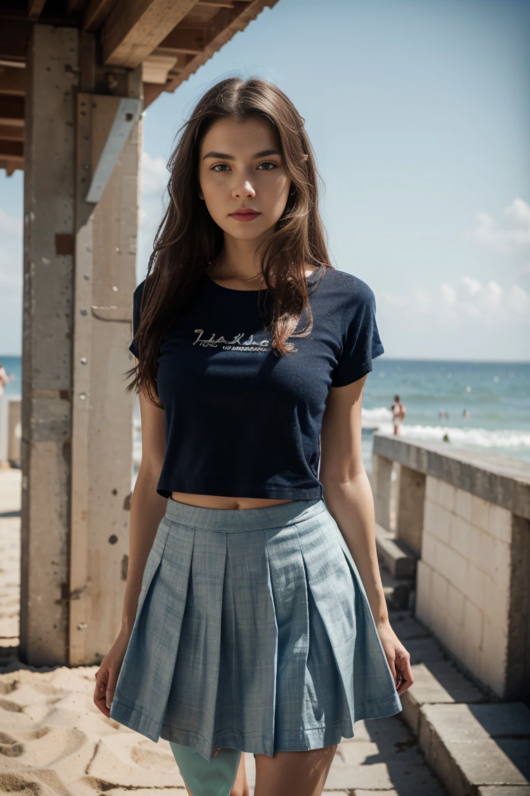 (Extremely detailed CG:1.2), (Masterpiece:1.2), (The best quality:1.2),,((absurdities)),looking at the viewer,whole body, ,(1girl),only,(long hair),,(white short sleeve shirt),(MARINA_blue pleated skirt),(long skirt),Dynamic Angle,Standing,dynamic pose,((Delicate facial features)),(blue eyes)The portrait is in romantic lighting, with a full-body view and her face in focus looking at the viewer. She is dressed appropriately for the environment set in a beach.