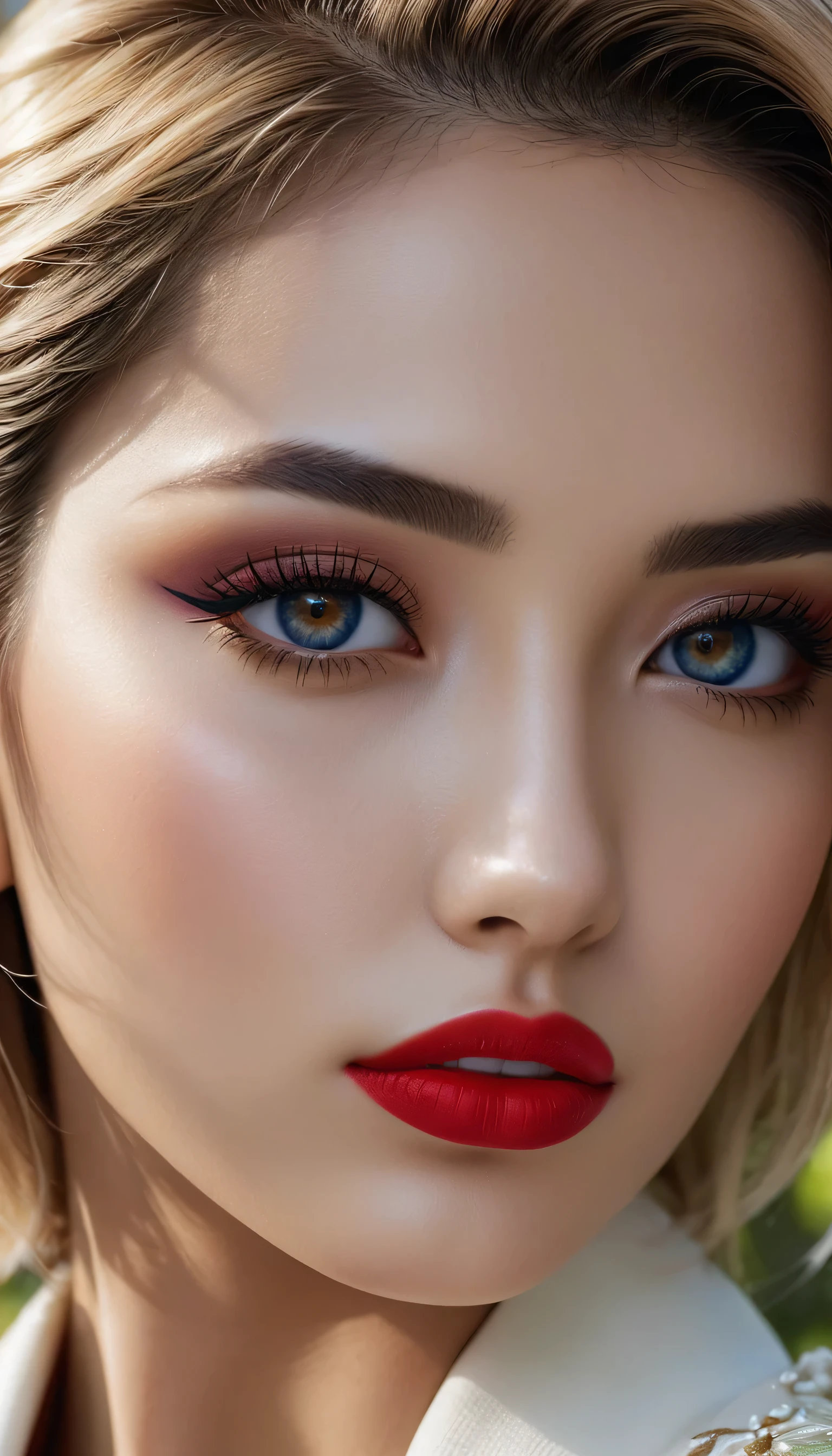 Divide Ratio : 1,1,1 Base Ratio: (portrait),beauty (mixed girls) in (highly detailed 32k absurd art of a ((girl 18-year-old)) ),fashion supermodel,(best high quality real texture skin:1.3),(best quality texture hair:1.4),BREAK,((short blonde hair ((slicked to the side)) extremely detailed:1.3)),((outside,an orchard of blooming cherry trees:1.3)),(best high quality:1.4),(photo realistic:1. 5),(Hyperrealism:1.5),((sharp focus)),(highest resolution),((soft neon lighting on the face and body)),(perfect proportions),(anatomically correct),(perfect female body),(firm normal full breasts:1.3),slim face,beautiful cheekbones,((slim,swell-muscled body:1.24)),(Super beautiful face),(realistic face),(highly detailed face:1.5),absurd(ultra detailed eyes), finely detailed face,finely quality eyes,(tired and sleepy and satisfied:0.0),(close up of a woman's eye with a digital rendering),realistic eyes,perfect round eyes,finely detailed pupils,(brown_eyes:1.28),BREAK,detailed lips:1.3,dark_makeup:1.18, long_blue_eyeliner:1.25, (red_lipstick:1.25),perfect dark_eyeshadows:1.45, there a close up of a woman's, (super detailed makeup on eyes:1.3), iridescent eyes, with professional makeup, vibrant eyes:1.2, (Detailed nose:1.2),BREAK,((super extravagant ((cut kimono cute)) wear)),BREAK,makeup:1.22,BREAK,/(random u%u top:1.13),/exquisite balance of shadows,perfect composition,((upper body shot:1.3)),(((look at the viewer))), Hasselblad, 50mm f/2.2