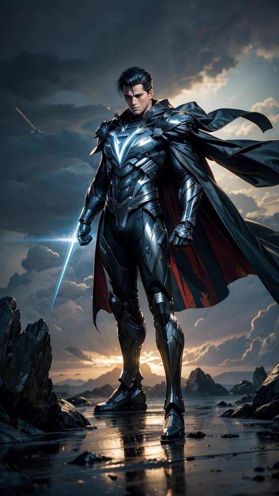 Masterpiece, best quality, NVIDIA RTX, sharp picture, cinematic lightning, hi-tech futuristic Superman, Superman symbol, floating, perfect face, proportional body, luminous mecha-armor:1.3, glowing mecha armor:1.3, (cape blown by strong winds:1.3), on top of a bulding, full body, epic lights reflection, night, smokes, from above