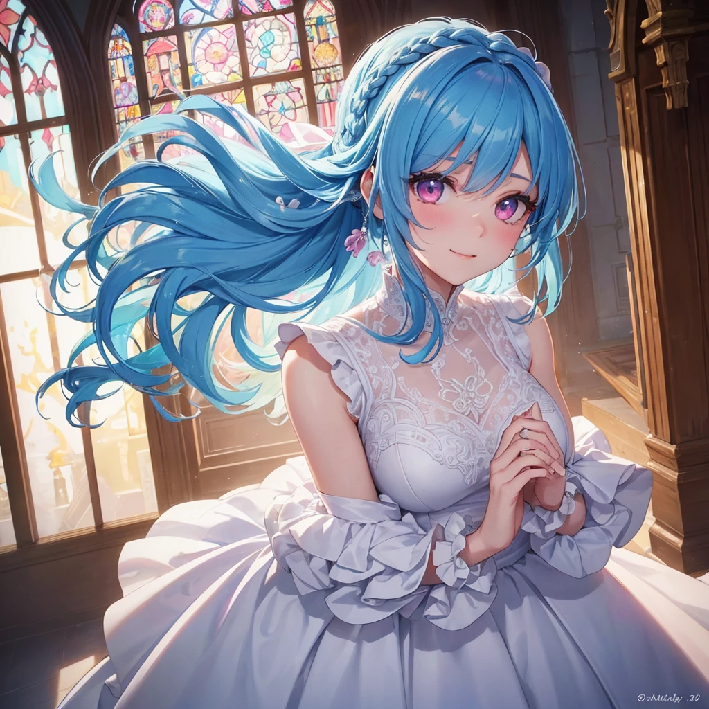 Sky blue hair, (One braided ponytail),(Pink Eyes),Fair skin ,(whole body),(One girl),bride,A big smile,Straight bangs, 6月のbride,Wedding dress,(masterpiece, Highest quality, Very detailed, Best Shadow), (Detailed Background), (Beautifully detailed face), High Contrast, (Best lighting, Very delicate and beautiful), ((Cinematic Light)), colorful, Hyper Detail, Dramatic Light, Intricate details,Chapel background,A bouquet of roses in the right hand,Ring on left ring finger,