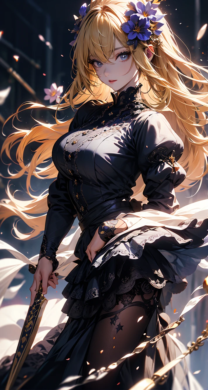 masterpiece, high quality, 4K, Beautiful design, silhouette,blonde, 非常に詳細な夜のStarry Sky,Flower Field, wonderful, Finer details, Very knowledgeable woman, Highly detailed solo, 1 female,Big Breasts,Gothic Lolita Fashion,magic,magic使い,Night view,Starry Sky,full moon,