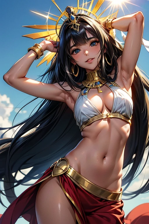 #Basics A girl is posing for a photo, animeのかわいい女の子, (((One Girl, Baby Face, Young girl, ))),
BREAK
#Clothing Accessories
((Shiny(Gold on red)Egyptian costume + Gold decoration)),
Gold Hoop Earrings, Fancy Necklace, Gold bracelet decorated with blue gemstones, A gold tiara decorated with a large blue gemstone,
BREAK
#Features
(Black Hair:1.4), (Bangs), (Long Hair : Long Hair + Thin Hair + Hair blowing in the wind),
(Droopy eyes, blue eyes), (Small breasts),
#background environment
((noon, Sunshine, blue sky, desert, pyramid)),
#Facial Expression Pose
((A happy look, laughing), (Perform dynamic and captivating dance moves, Armpits are visible)),
#composition
((Face the camera, Angle from below, Cowboy Shot)),
BREAK
#Body parts elements
(Detailed hair, Beautiful Hair, Shiny髪),
(double eyelid, Long eyelashes),
(Expression of fine eyes, Beautiful and delicate eyes, Sparkling eyes, Eye Reflexes, Glitter Eyeliner),
(Human Ear),
(Beautiful Nose, Thin Nose),
(Glossy lips, Beautiful Lips, Thick lips, Shiny唇, Natural Cheeks),
(Detailed face, Symmetrical facial features),
(Detailed skin, Textured skin, Beautiful Skin, Shiny肌
BREAK
#Quality
(((Highest quality)), ((masterpiece)), ((Very detailed))), ((High resolution), (16K,1080P)),
(Realistic), (Anatomically correct),
((comics, anime)), (3DCG), CG illustration,