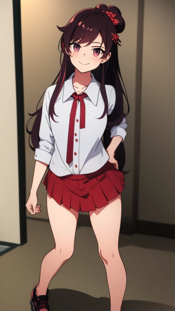 high tail hairstyle, Ponytail hairstyle, Long wavy black hair, standing posing, anime girl style, pixel art anime style,penetrating look with deep eyes,red and purple eyes, hair with a ponytail hairstyle trapped with a big red bun, Women, red hair clips, x color shaped hair clips , short white shirt, smooth receptionist miniskirt, straight skirt, smiling face blush, standing in his bedroom, next to his bed, receptionist clothes, lifting her skirt, grabbing her skirt with her hands to lift it up, letting her look at her underwear.