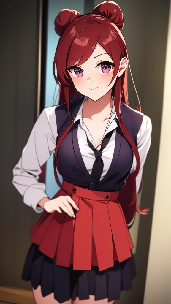 high tail hairstyle, Ponytail hairstyle, Long wavy black hair, standing posing, anime girl style, pixel art anime style,penetrating look with deep eyes,red and purple eyes, hair with a ponytail hairstyle trapped with a big red bun, Women, red hair clips, x color shaped hair clips , short white shirt, smooth receptionist miniskirt, straight skirt, smiling face blush, standing in his bedroom, next to his bed, receptionist clothes, lifting her skirt, grabbing her skirt with her hands to lift it up, letting her look at her underwear. 