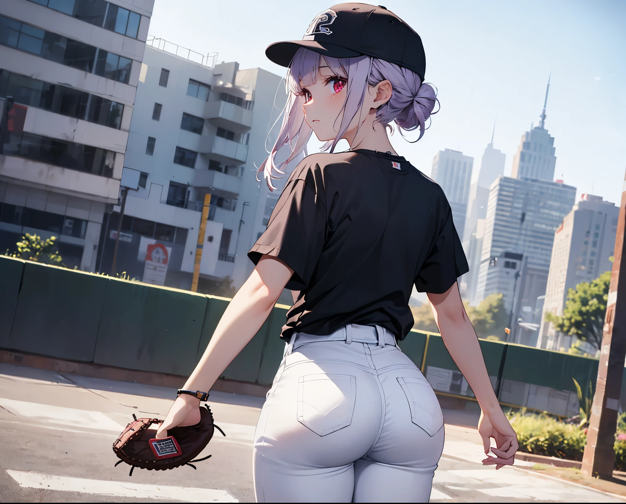 (Close-up:1.3),Realistic,Highest quality, Super detailed, High-quality CG rendering, The most delicate and beautiful, Floating softly, High resolution, (1 girl), (Highest quality,4K,8K,masterpiece:1.2), Light purple hair,(Hair in a bun:1.5),Red eyes,(Pure white oversized short sleeve T-shirt:1.3),(Black skinny jeans:1.3),(Pure white baseball cap:1.3),In the city,old buildings,(Turn your back to your audience:1.3),Butt