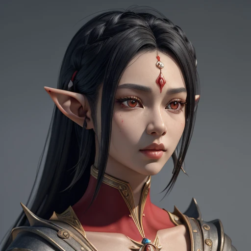 (masterpiece), (best quality),(portrait),(bust up),1girl,solo, animation style render, 3D, (pixer style) ,(clay) ,(sharp focus),(look at viewer),elf, black skin,black hair,(elf lady) ,adult,red eyes, (ancient:1), ancient luxurious long clothes,(simple background:1）