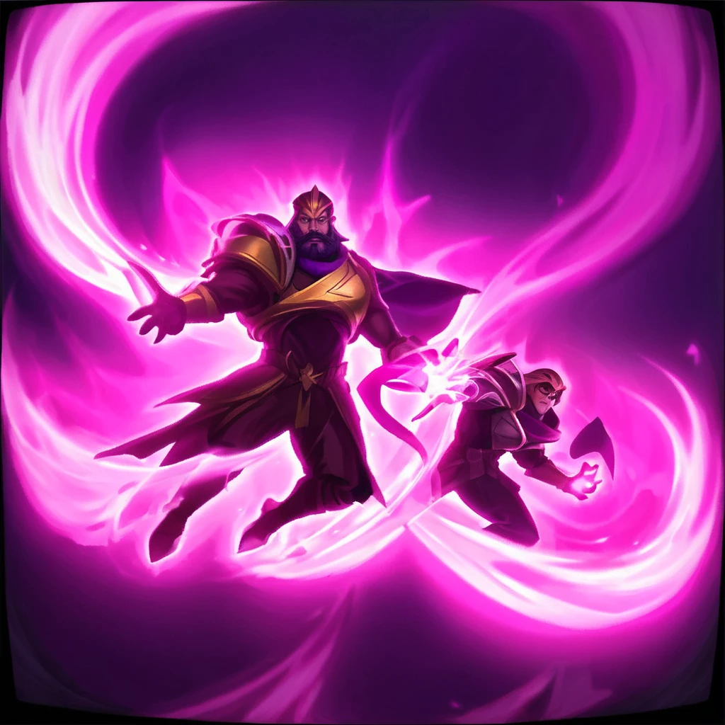 I want an icon, a character being duplicated on a dark background, the characters wear purple clothes and one of the characters is in negative, but is identical to the other.