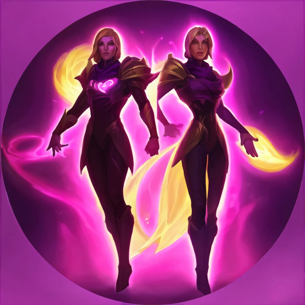 I want an icon, a character being duplicated on a dark background, the characters wear purple clothes and one of the characters is in negative, but is identical to the other.