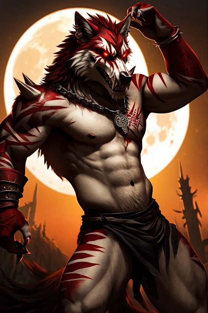 A 3d bloody red and white wolf demon anthro human boy, with ancient words on its back with sharp claws, sharp teeth, tattoos, fantasy, punkstyle, with ear piercing, standing straight up, zoomed out, add some scars on its face, add spikes on along its back, showing its stomach, with a moon in the background, with tattoos on its arm, and skull on its shoulder, can you add some magical flames around it, Change its expression to fierce or mysterious, can you add some orange flames around it, add some scars on its body, with a dark background with stars and the blood moon, make the eyes look devil red, add a Wolf tail with red stripes and white fur on its back, poking its belly, add spikes to its arms, add a Wolf Amulet around its neck glowing, 8k realistic