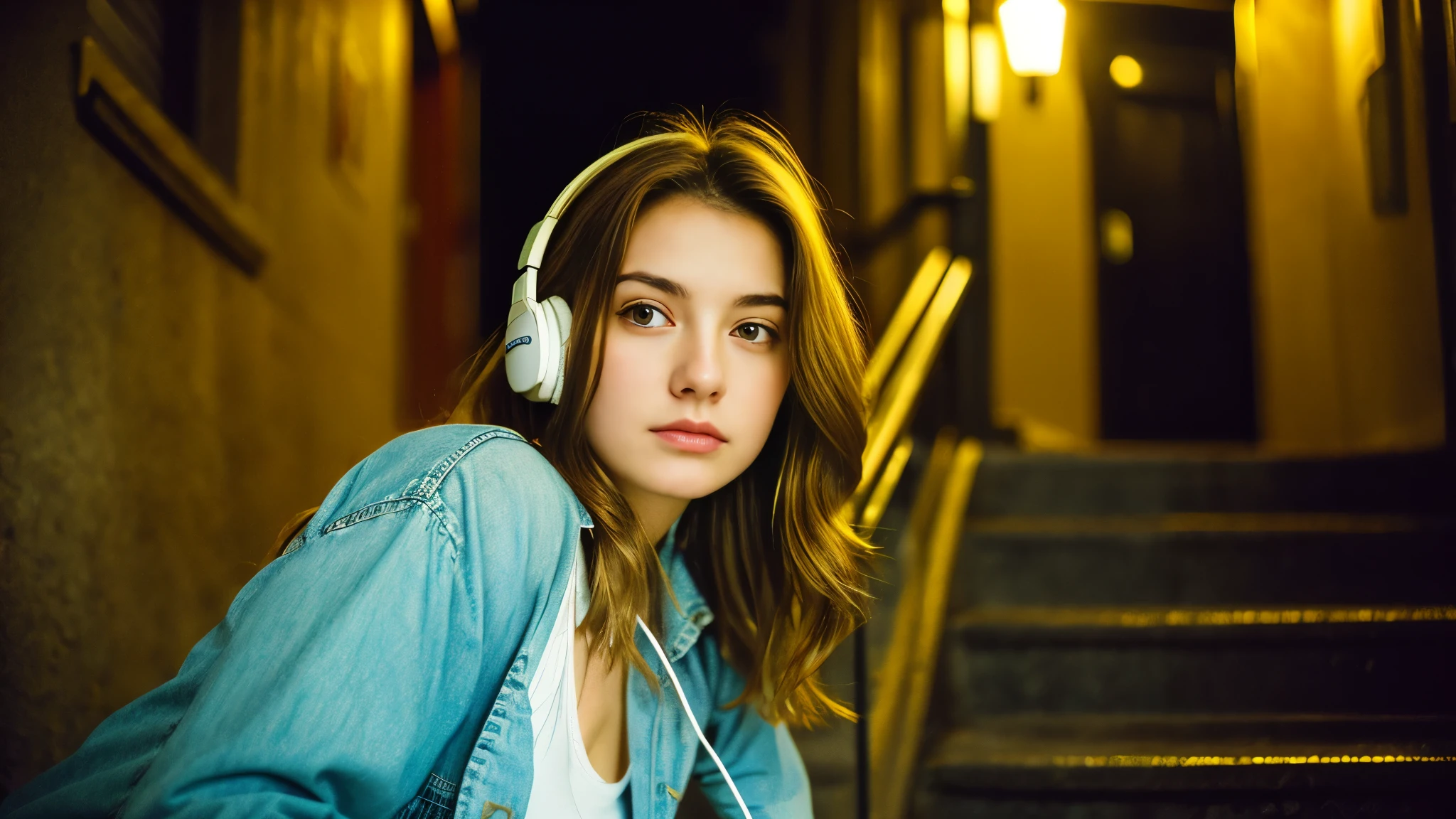 Beautiful blonde with big breasts in casual mode (Stairs of a Western-style building late at night、sit),Wearing headphones,Very detailed, 21 years old, Innocent face, Naturally Wavy Hair, blue eyes, High resolution, masterpiece, Highest quality, Intricate details, Very detailed, Clear focus, Delicate skin, practical skin texture, texture, Delicate eyes, Professional, 4K, Sad face,despair、 Shot with Canon, 85mm, Shallow and deep,  Kodak Vision Color, Exactly, Very detailed, photograph_\(Extremist\), photographpractical, practical, Post-processing, Maximum details, Roughness, Real Life, Extremist practical, Photorealism, photographgraphy, 8K Ultra HD, photographgraphy