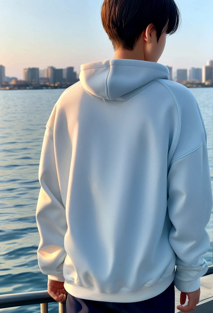 Sparkling water,Sunset sunlight on the water,Soft Light泛着橙色,The water surface is interwoven with blue and light red,一个年轻的男孩在水面swim的背影,White sweatshirt,Boy's back,swim,Soft Light
