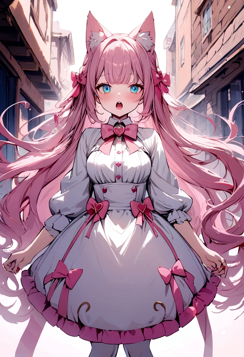 Masterpiece, top quality, dream cute background, (10:1 girl), (10:1 guy), very long hair, white and pink hair, love ornament, multiple cyan and pink ribbons, white and pink paired cat ears, cyan eyes, looking straight ahead, love heart, pink bow tie, white clothes, 5: mouth open, 5: teeth, standing full body illustration