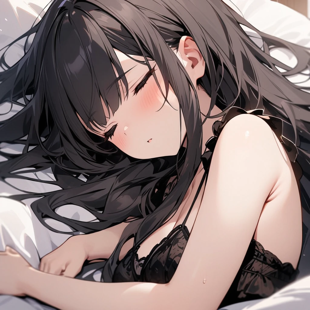 Top quality, masterpiece, black hair, long hair, black eyes, チャイナ風lingerie, sleeping, close-up