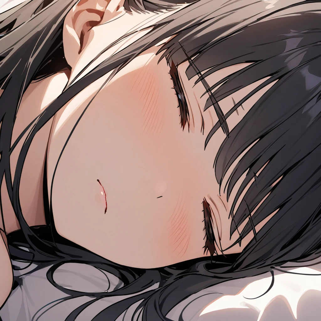 Top quality, masterpiece, black hair, long hair, black eyes, チャイナ風lingerie, sleeping, close-up