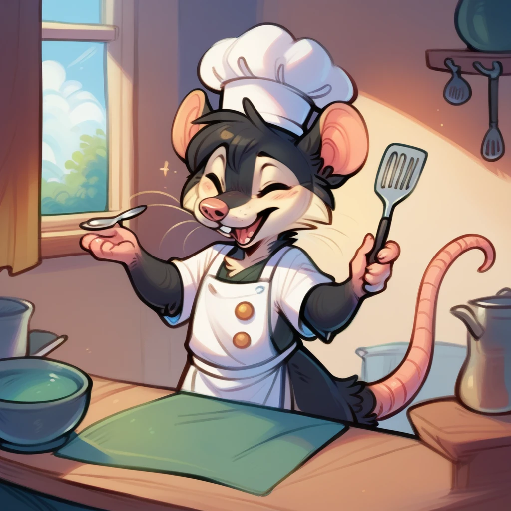 Rat chef, semi-anthropomorphic, fork in left hand, spatula in right hand, happy and laughing expression, detailed facial features, chef hat, apron, detailed clothing, complex textures, high quality, realistic, 8K, masterpiece, cinematic lighting, warm tones