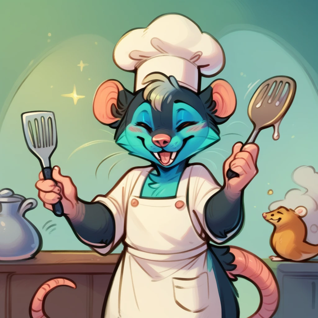 Rat chef, semi-anthropomorphic, fork in left hand, spatula in right hand, happy and laughing expression, detailed facial features, chef hat, apron, detailed clothing, complex textures, high quality, realistic, 8K, masterpiece, cinematic lighting, warm tones