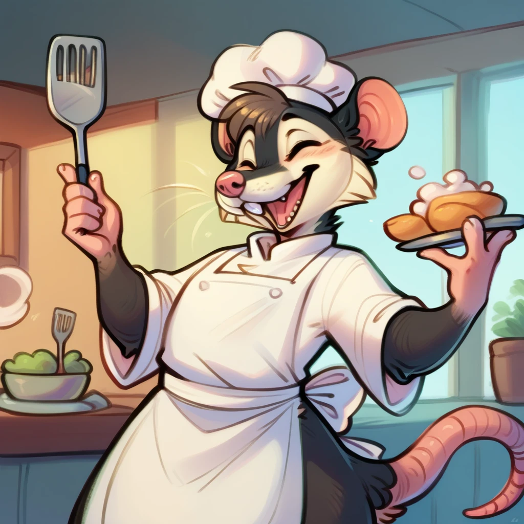 Rat chef, semi-anthropomorphic, fork in left hand, spatula in right hand, happy and laughing expression, detailed facial features, chef hat, apron, detailed clothing, complex textures, high quality, realistic, 8K, masterpiece, cinematic lighting, warm tones