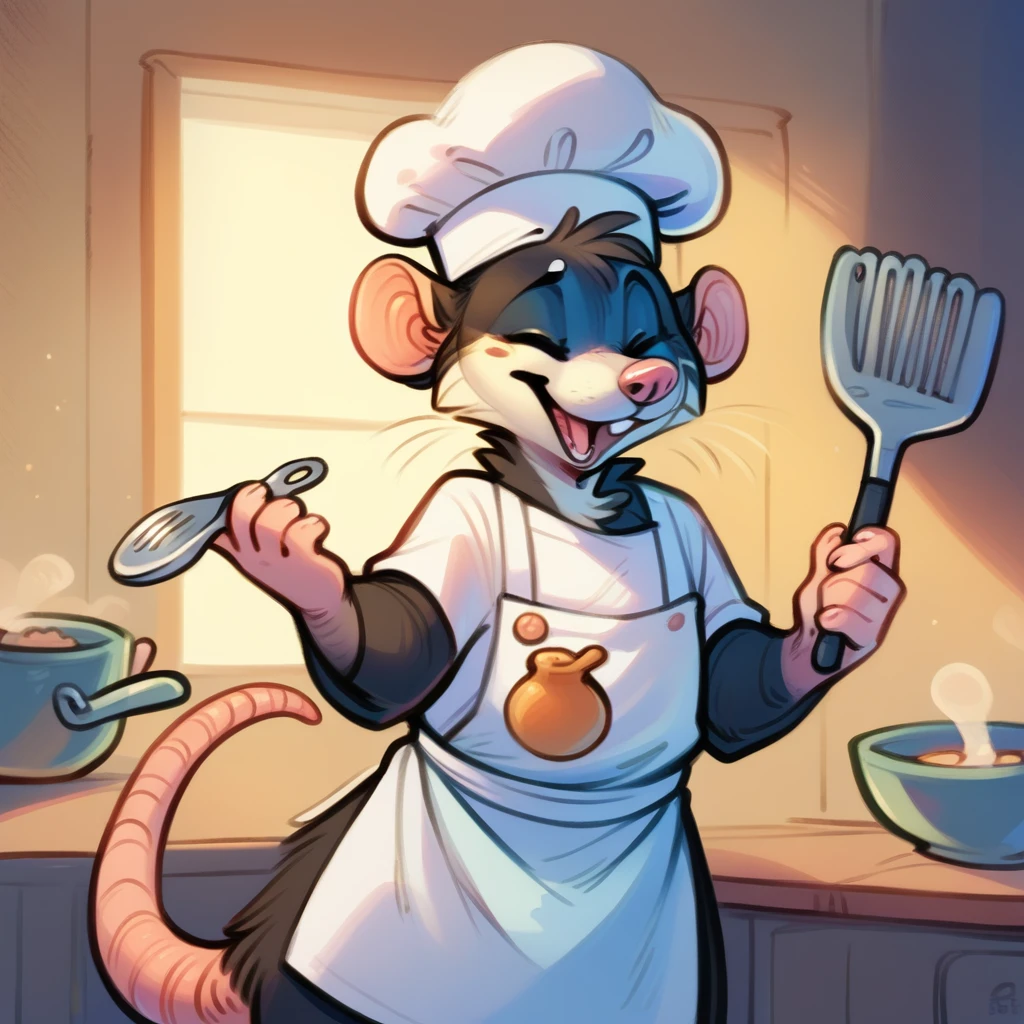 Rat chef, semi-anthropomorphic, fork in left hand, spatula in right hand, happy and laughing expression, detailed facial features, chef hat, apron, detailed clothing, complex textures, high quality, realistic, 8K, masterpiece, cinematic lighting, warm tones