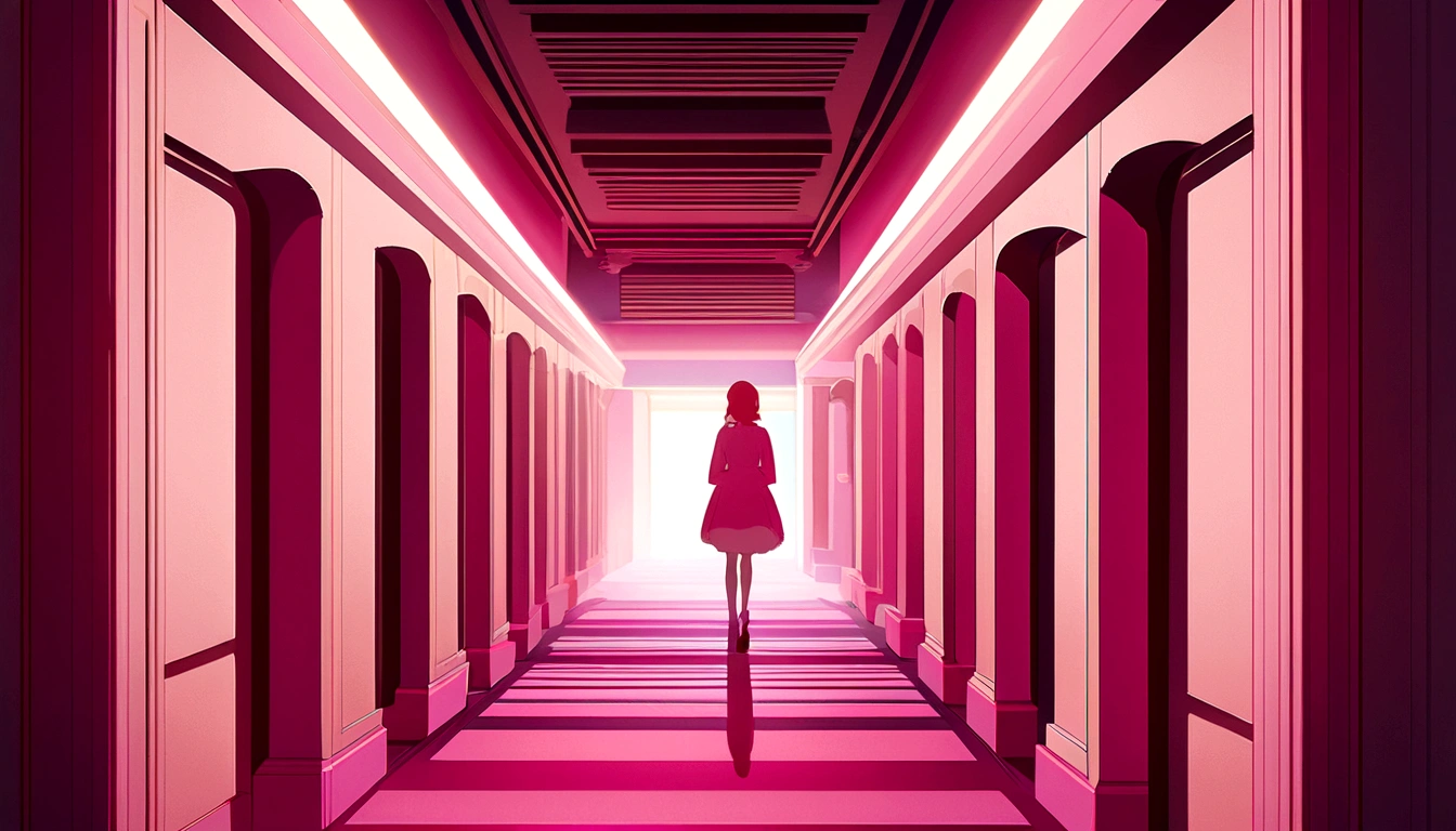 Pink women's room with reddish tones, vivid colors, anime style, details of light and shadow, semi-realistic, image 1920x1080, image with vanishing point in the center,,Lighted room