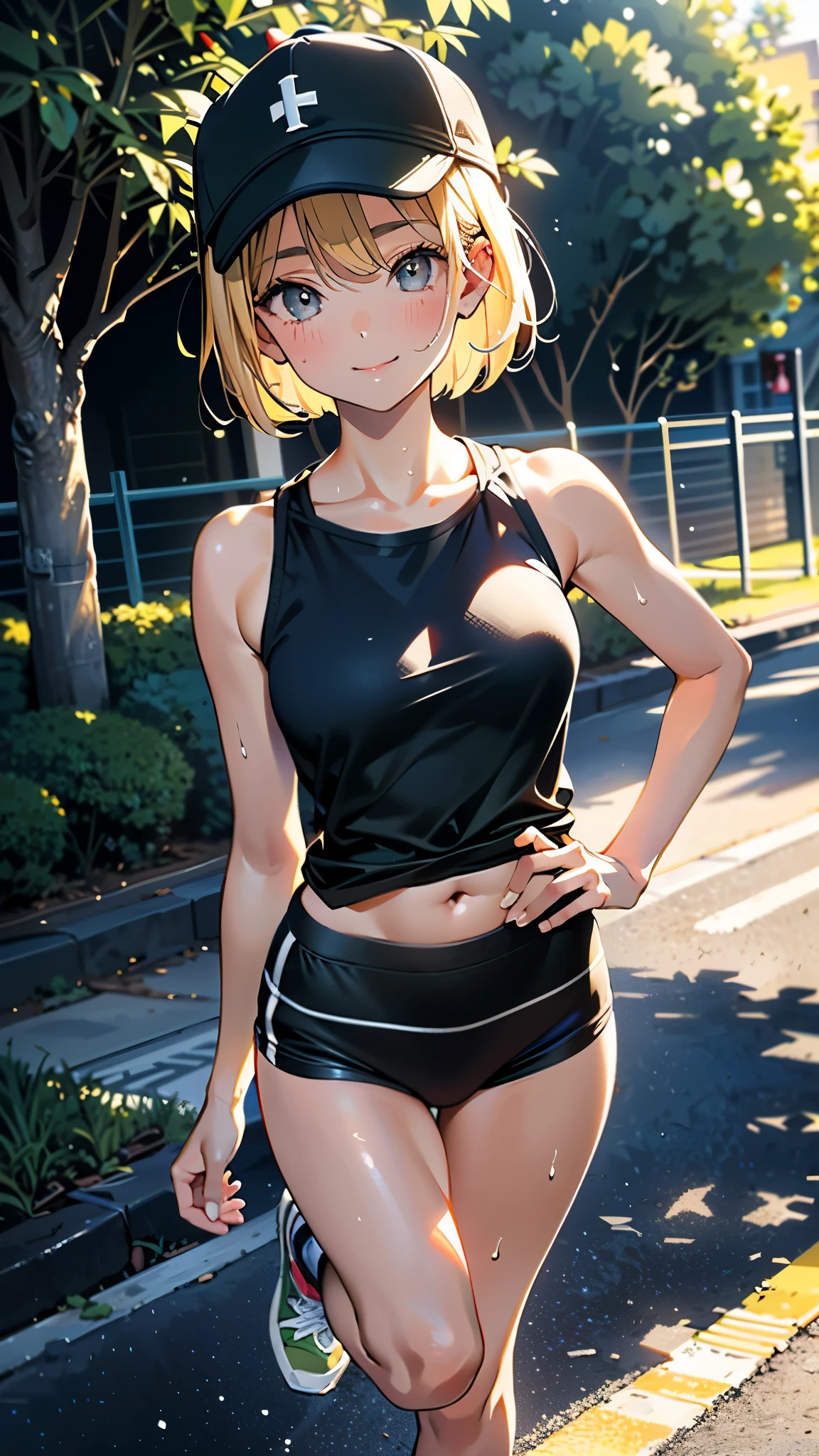 (8K, RAW Photos, 最high quality, masterpiece:1.2), high qualityのRAWカラー写真, Professional photo shoot, Cinematic Light, alone, (((young woman, Gal))), (Sharp features), (Small face), (Skin with attention to detail:1.2), clavicle, Cute face, beautiful appearance, Long eyelashes,Girl Turning Around, smile, (Blonde, short hair), Tank top, Tight high leg panties, Birds chirping, Confident attitude, Capture the happy moment, Artistic painting,Attractive thighs, sneakers:1.2, (Very nice touch:1.2),はにかんだsmile), Peaceful atmosphere, Oil painting style, Bright colors, (Are standing:1.5, lean on a tree, Full body portrait), Smooth texture, Gazing Eyes, beautiful Skin, Shiny skin, ((Perfect Fingers, Five Fingers, Anatomically correct)), Background Blur, high quality, Surreal, ((Very detailed, photo shoot)),thin、Run 、beautiful Abs、Baseball cap、Sweaty、beautiful 、My whole body is wet with sweat、Sparkling Eyes、Showing her boobs、Sunburn、Dark Skin、Run、beautiful腹筋、Sweat flowing、Sporty body type、running