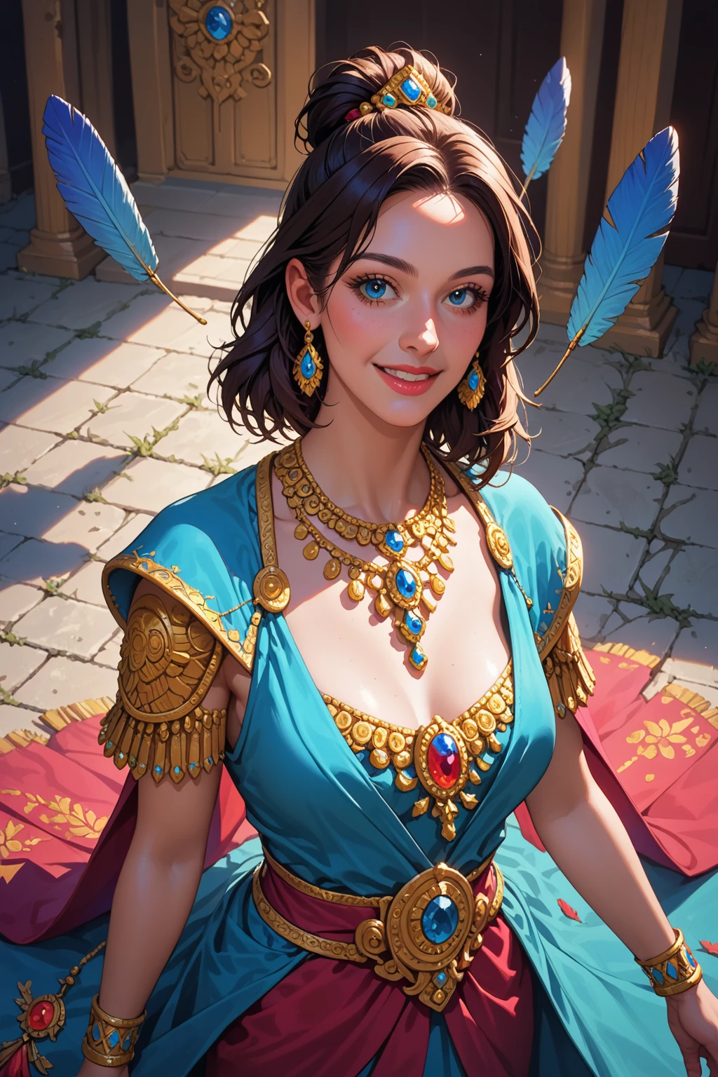 (score_9, score_8_above, score_7_above), (Masterpiece:1.2, Best Quality), 1 girl, Alone, (whole body), has feather, has, SMILE, jeweler's, naked, arete, naked, (narrow waist:1.2)