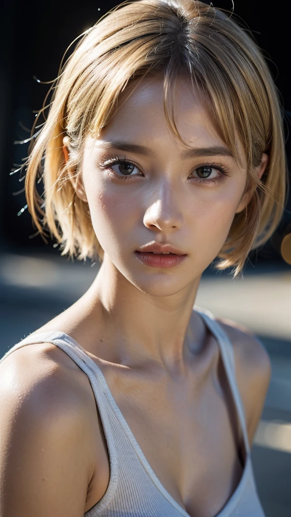 8k, highest quality, tabletop:1.2, (realistic, photorealistic:1.37), highest quality, beautiful young woman, pensive expression, gentle eyes, shy, short hair, blonde, disheveled mood, fair skin tone, night, starry background