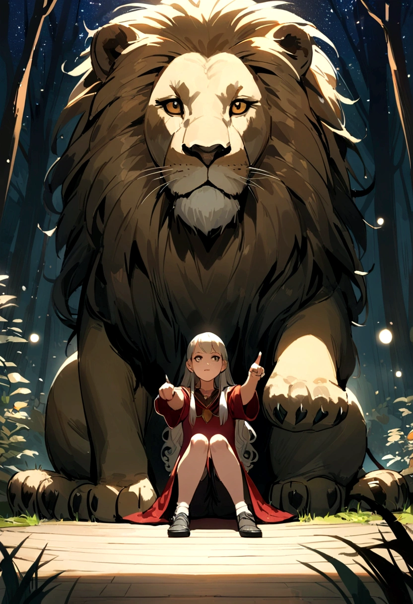 A lion, pointing to the sky, and a 12-year-old girl with curly hair, that sits on the floor, woods, Hogwarts Roben, Students sitting on the floor, Magik, natta, Firefly lights, Stars in the sky, realist