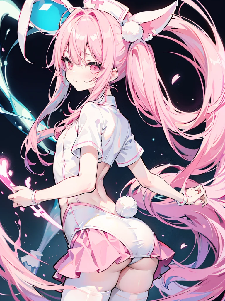 hyper ero anIme style,chibi character,bunny ears pink long hair angel shota,nurse cap,hospital,flat chest,from below behind,butt shot,white pantyhose with skirt,big butt,smirk,slouch,