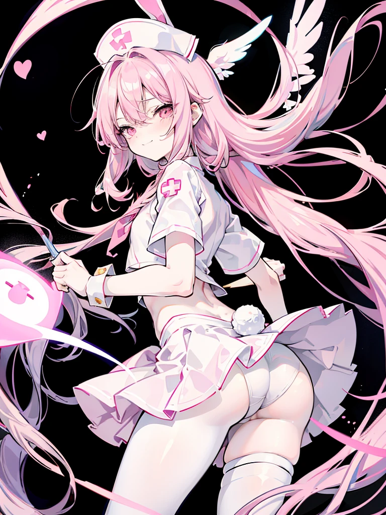 hyper ero anIme style,chibi character,bunny ears pink long hair angel shota,nurse cap,hospital,flat chest,from below behind,butt shot,white pantyhose with skirt,big butt,smirk,slouch,