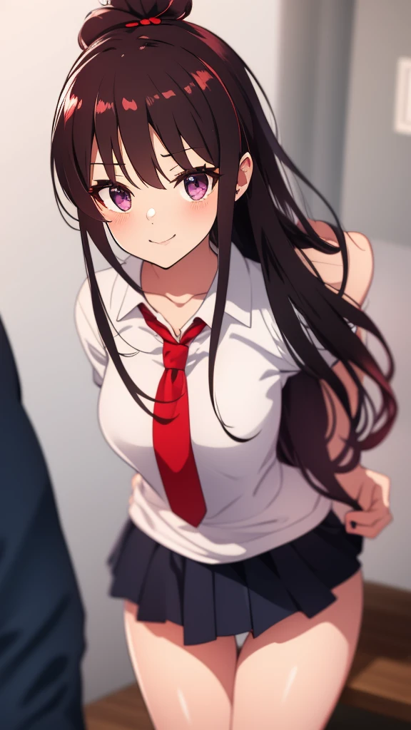 high tail hairstyle, Ponytail hairstyle, Long wavy black hair, standing posing, anime girl style, pixel art anime style,penetrating look with deep eyes,red and purple eyes, hair with a ponytail hairstyle trapped with a big red bun, Women, red hair clips, x color shaped hair clips , short white shirt, smooth receptionist miniskirt, straight skirt, smiling face blush, standing in his bedroom, next to his bed, receptionist clothes, lifting her skirt, grabbing her skirt with her hands to lift it up, letting her look at her underwear. 